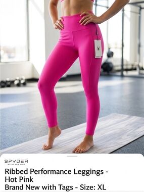 Spyder NWT Ribbed Performance Leggings Hot Pink High Waisted XL